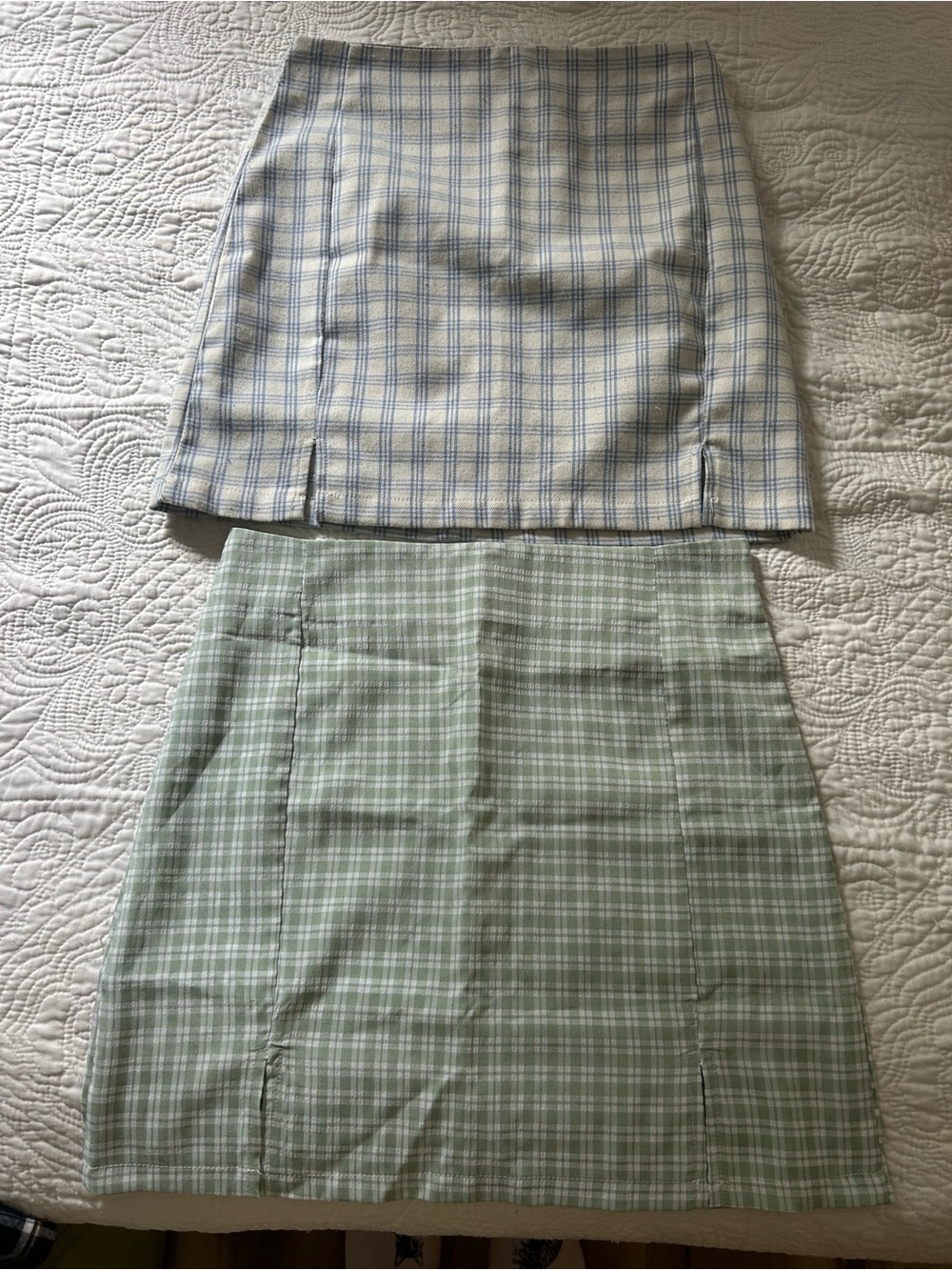 Plaid Mini Skirt Bundle. Light Blue and Sage Green - Women's Skirts